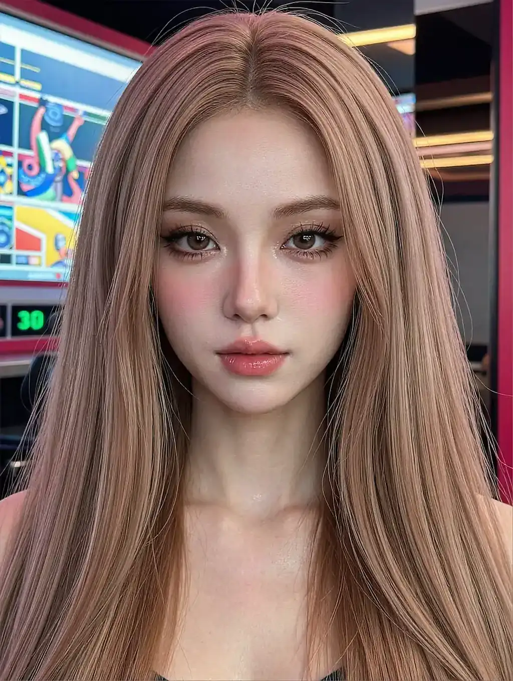 Fictional AI character featured on the fourth landing page, in a dim room