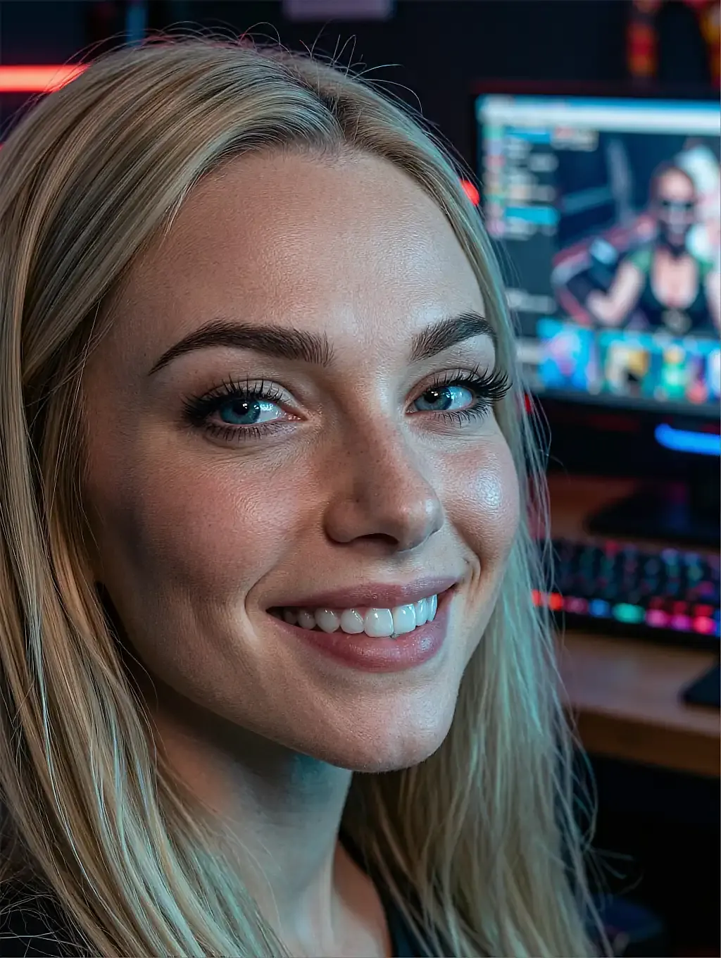 Fictional AI character featured on the fourth landing page, at night